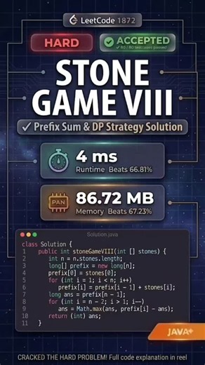 #leetcode #leetcodepotd #stonegameviii #java #dsa #dynamicprogramming #algorithms #problemsolving #softwareengineering #codingjourney #programming | Prinkle Maheshwari
