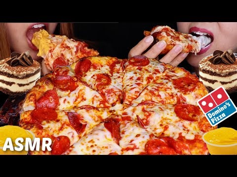 ASMR CHEESY DOMINOS PEPPERONI PAN PIZZA, CHOCOLATE CAKE CUPS, BBQ RIBS 먹방