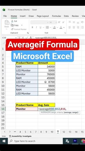 Averageif Formula in Excel | Averageif Function in Excel #excel #excelformula #exceltutorial #shorts