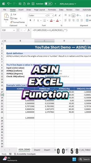 Excel A–Z in 60s: ASIN — Inverse Sine #Excel #ASIN #Trig #Math #ExcelShorts #ExcelTips #Formula #FX
