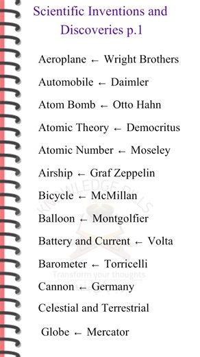 Top Scientific Inventions & Discoveries That Changed the World | Part 1 Discover some of the most important scientific inventions and discoveries that shaped modern civilization! From the Wright Brothers’ aeroplane to Volta’s battery and Mercator’s globe, this short video highlights the brilliant minds behind groundbreaking innovations. Perfect for students, general knowledge lovers, and competitive exam preparation (PPSC, FPSC, and more). Watch, learn, and boost your knowledge in just seconds! 
