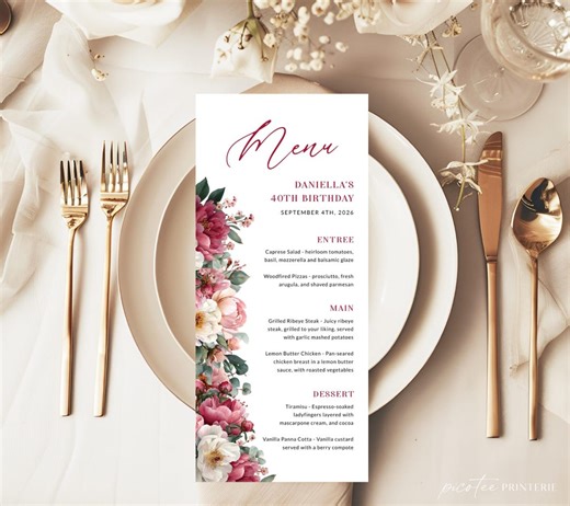 Burgundy Floral Dinner Menu Card Printable Template, Modern Flowers Editable Birthday Menus, Simple Lunch Menu, Instant Download, Corjl PP96 - Etsy