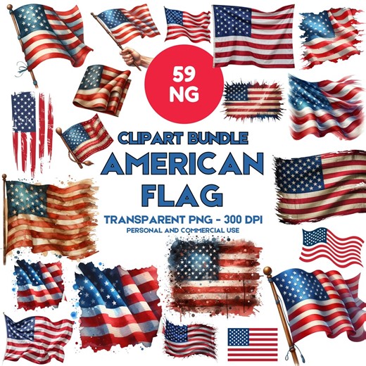 American Flag Clipart Bundle | 59 PNG Watercolor USA Flag Graphics | 4th of July Digital Download - Etsy