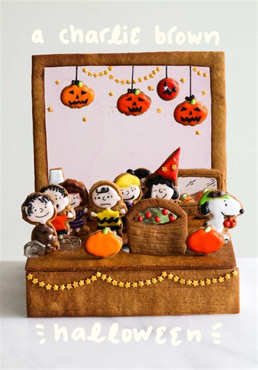 they did the mash! 🎃 recreating the scene from a charlie brown halloween special — it’s the great pumpkin, charlie brown — out of gingerbread. it’s the party scene where the peanuts gang are in their halloween costumes bobbing for apples. think of it as a follow-up to another fall gingerbread display i made, where linus and sally are waiting for the arrival of the great pumpkin (hence why they aren’t present at the party). these two moments happen simultaneously in the movie, and i wish i still