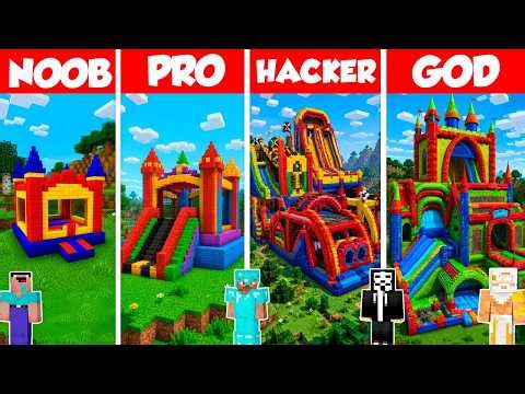 Bouncy Castle Build Battle Challenge - Noob vs Pro vs Hacker vs God - Minecraft Animation
