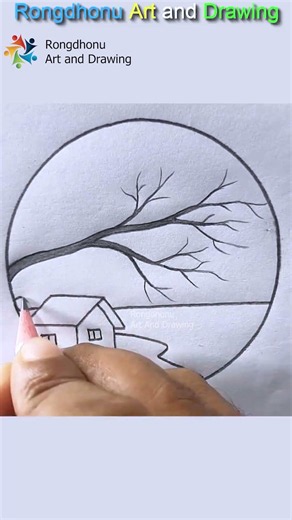 Beautiful Village Scenery Drawing | Easy Pencil Sketch Landscape | Rongdhonu Art & Drawing