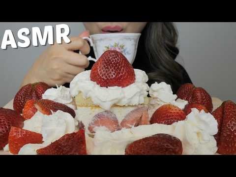 ASMR *FRESH Strawberry and Whipped Cream with Strawberry Cake No Talking Eating Sounds | N.E