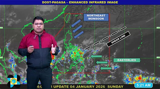 Public Weather Forecast issued at 5AM | January 4, 2026 - Sunday DOST-PAGASA Weather Specialist: Obet Badrina #weatherreport #dostpagasa PAGASA Weather Report (Subscribe for more weather updates) Facebook Page (Like): / pagasa.dost.gov.ph Twitter (Follow): / dost_pagasa Website (Visit): http://bagong.pagasa.dost.gov.ph Customer Satisfaction Survey (Feedback): https://shorturl.at/Do3VX | DOST-PAGASA