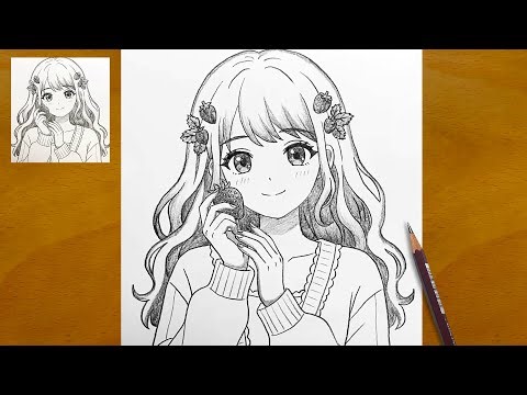 How to Draw Cute Anime Girl with Strawberries | Easy Pencil Drawing