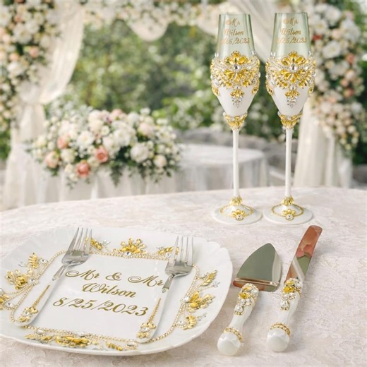 White and Gold Wedding Set With Cake Knife, Server, Toasting Glasses and Plate - Etsy
