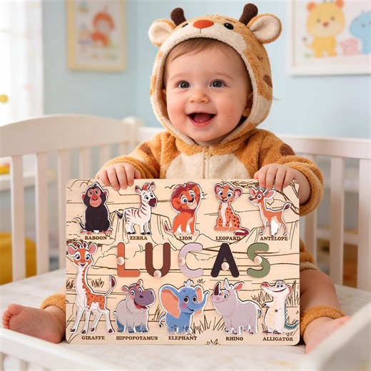 Custom Baby Name Puzzle, Wooden Animals Toddler Puzzle, 1st Christmas Present, 0-3 Years Personalized Puzzle Toy, 1st Birthday Baby Gift - Etsy
