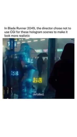 Detailed Explanation on Instagram: "In Blade Runner 2049 (2017), the holographic AI character Joi was brought to life through a unique mix of live-action performance and cutting-edge visual effects. Actress Ana de Armas physically performed all her scenes on set alongside Ryan Gosling, allowing the emotional connection between their characters to be captured in real time. This meant that even though Joi is a projection in the story, her reactions, timing, and chemistry with Gosling felt authenti