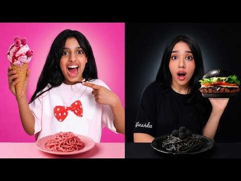 Food the same color as our clothes! A challenge of Black Vs Pink! Shfa