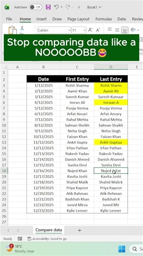 How to Compare Data In Excel? #excelshorts #excelshortcuts #ytshorts #excel #exceltips #exceltrick