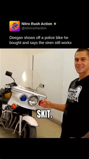 Deegan shows off a police bike he bought and says the siren still works