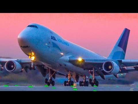 BOEING 747 DEPARTURE with a RED SKY - CARGO PLANES during Sunset (4K)