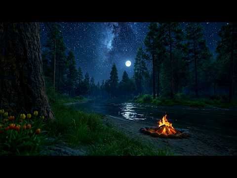 Crackling Campfire by the Water 🌙 Calm Night Nature Sounds for Deep Sleeping