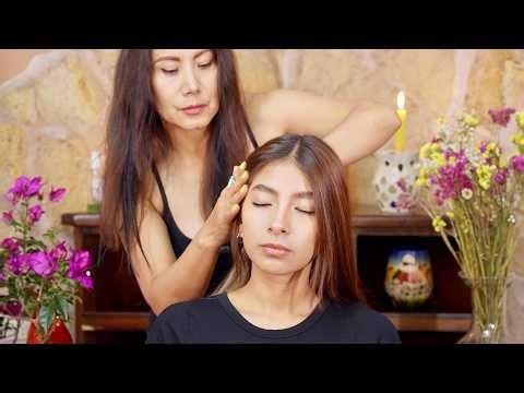 Relaxing ASMR energy cleansing facial massage hair treatment with gentle whispering sounds