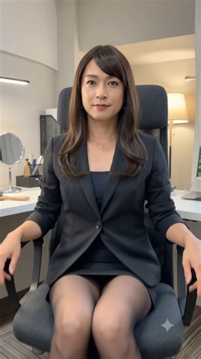 A Japanese crossdresser with black tights at office
