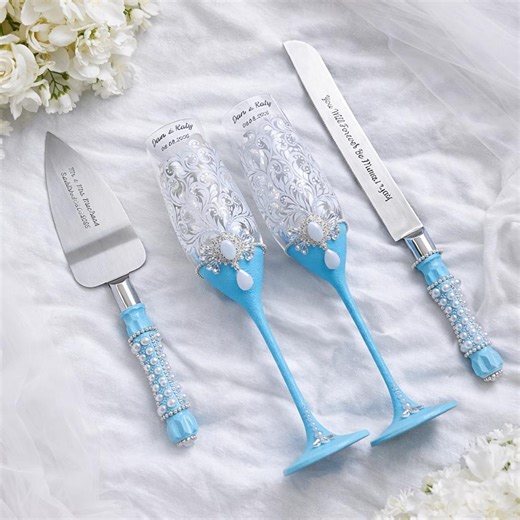 Blue Pearl Wedding Flutes and Cake Server Set, Something Blue Reception Accessories, Bride and Groom Toast Glasses - Etsy