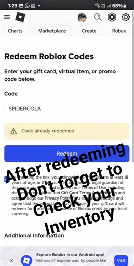 REDEEMING ROBLOX CODE FOR SPIDERCOLA#AND DON'T FORGET TO CHECK YOUR INVENTORY