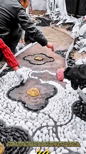 Arranging Multi-Colored Pebbles for an Intricate Floral Pathway Design