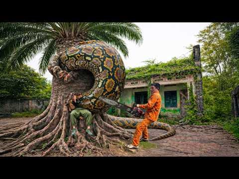 Giant reticulated python ambushes inside rotting tree trunk | Chainsaw Rescue Gone Wrong