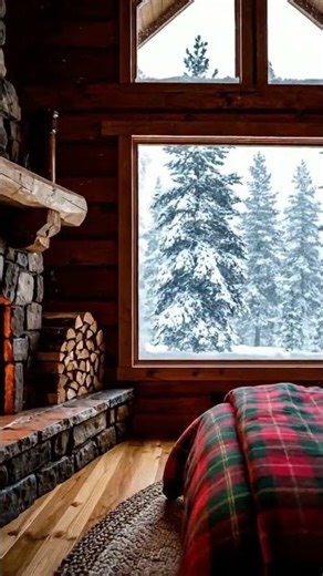 Cozy rustic log cabin bedroom with fireplace and snowy forest view.