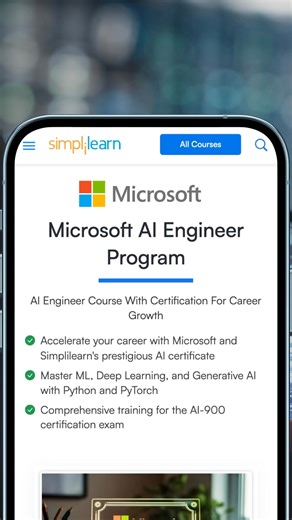 Ready to excel in the world of AI? Our AI Engineer Program, powered by Microsoft, offers comprehensive learning in the latest AI technologies, including ML, deep learning, NLP, and generative AI. Get hands-on with industry projects and learn from experts through live sessions. Unlock exciting career opportunities in AI and master the required skills to clear the AI-900 Certification Exam. | Simplilearn
