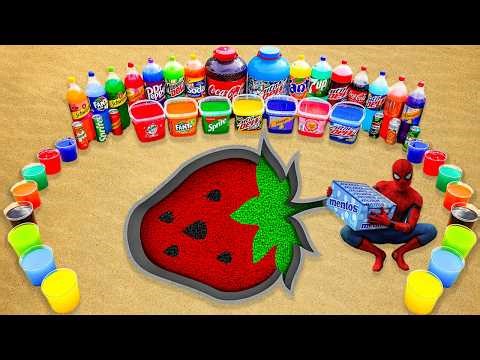 Toothpaste Eruption Experiment from a Strawberry Pit, Giant Coca Cola, Mtn Dew, 7up, Fanta vs Mentos