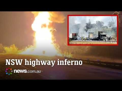Six trucks burst into flames after horror collision involving seven trucks on major NSW highway