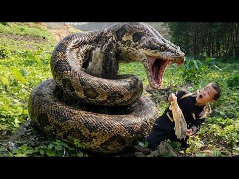 Dwarf Family Encounter Giant Python - Snake Hunting & Stream Fish Trapping - Amazing Survival Skills