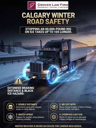 Stopping an 80,000-pound semi on icy roads can take up to 10x longer. ❄️🚛 With winter weather approaching Alberta, sharing the road safely with commercial vehicles requires extra caution. 4 Key Rules for Winter Highway Safety: 1. Double Your Following Distance: Stay out of truck blind spots and give them space to handle sudden stops or jackknifes. 2. Never Cut Off a Semi: Heavy trucks need massive distances to slow down—cutting sharply in front of one puts you directly in its braking path. 3. B