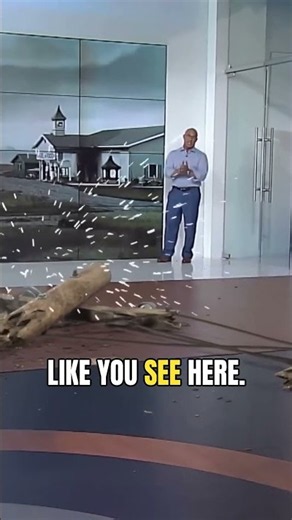 Jim Cantore warns viewers to stay 40 feet back as a live power line crashes in a tornado demo.