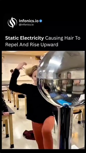 Infonics on Instagram: "Static electricity turns an ordinary moment into a fascinating science experiment right before our eyes. When electrical charges build up on the hair, each strand gains the same type of charge and begins to repel the others, causing the hair to rise upward and spread apart. This visible reaction is a simple yet powerful demonstration of electrostatic forces at work, showing how invisible energy can create dramatic effects. What looks funny or magical is actually basic phy