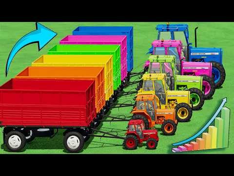 Mini to BIG EPIC Tractors and OVERLOAD TRAILER VS HARD MUDDY PARKOUR with TESLA TRUCKS - FS22