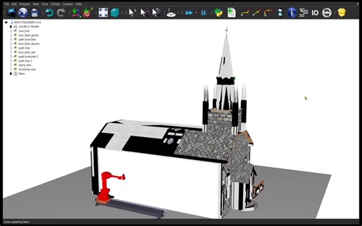 ❄️🎄Another Year of Christmas Magic with Python RoboDK 🎄❄️ I built a small proof of concept in RoboDK a 6‑axis robot on a 7th‑axis rail that uses Python for Christmas‑themed church wall painting.… | Aswin A