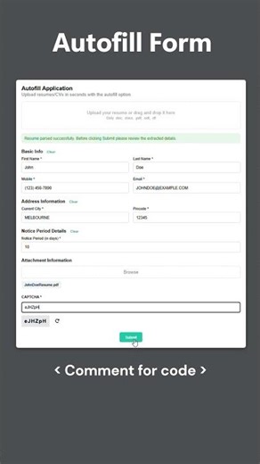 Create Autofill Form using JavaScript | HTML CSS #coding #htmlcssjavascript #webdevelopment #shorts