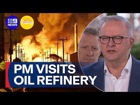 'It's been slowed down': Albanese speaks live from damaged oil refinery | 9 News Australia