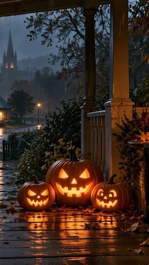 Jack-o'-lanterns on a rainy porch | cozy Halloween ambience