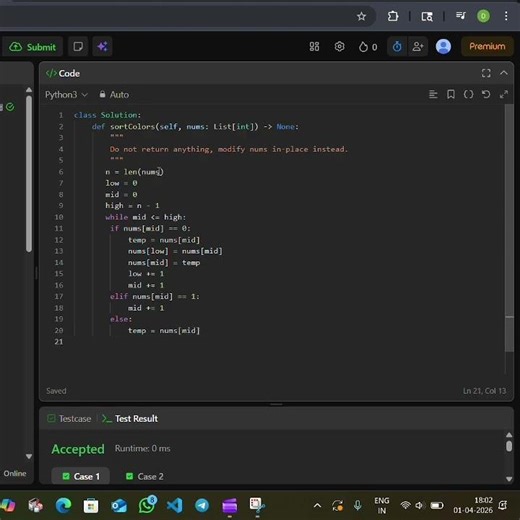 DSA On LeetCode : Sort Colour || Question No. 75 #coding #dsa #leetcode