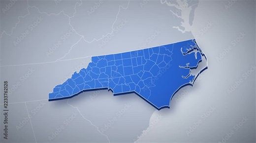 North Carolina state map animation, camera zooms from USA map into 3D North Carolina, county borders, capital Raleigh pinned, major cities Charlotte, Greensboro, Durham, US state map infographic