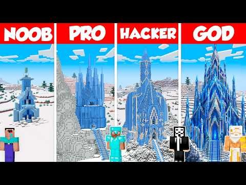 Elsa's Frozen Castle Build Battle Challenge - Noob vs Pro vs Hacker vs God - Minecraft Animation