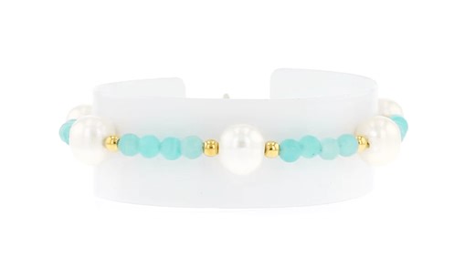 8-8.5mm Cultured Pearl and 4-4.5mm Amazonite Bead Bracelet in 18kt Gold Over Sterling