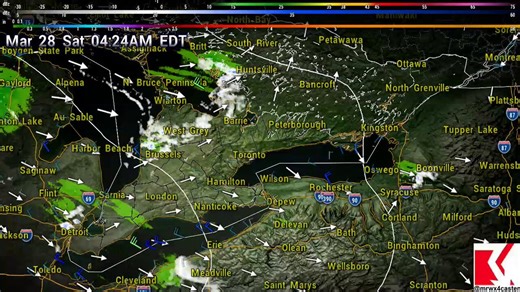 Current Radar loop for SONT, last 6hrs. till 8:55 AM EDT added Radar estimated QPF - the "snowfall footprint" (the green blobs) -last 12hrs.-it matches the Satellite image nicely in SWONT (Lambton/Kent counties) with it's depiction of "fresh snow" (previous post) #onwx #onstorm
