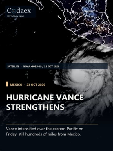 Hurricane Vance intensified off Mexico's Pacific coast on October 23. At 9 a.m. Mexico Central time, the National Hurricane Center reported 90 mph winds and no coastal watches or warnings. It forecast further strengthening, while warning that dangerous surf and rip currents could reach parts of southern and southwestern Mexico this weekend. Forecasts can change; follow the latest NHC and local advisories. Sources: National Hurricane Center Advisory 9 and forecast map (Oct 23); Associated Press (