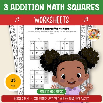 3 Addition Math Squares | No-Prep Printable | Grades 2-4