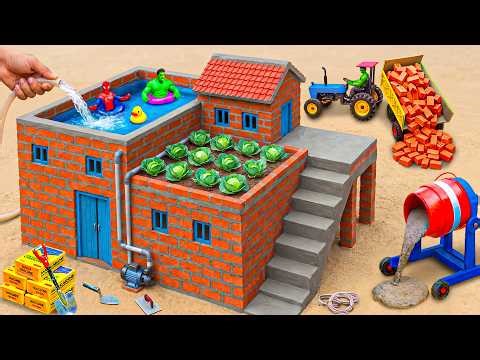 Amazing DIY Mini House with Rooftop Swimming Pool | Mini Tractor & Cement Construction