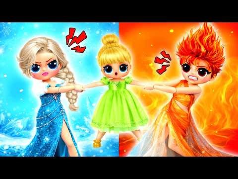 DIY Cardboard & Paper Crafts | Fire vs Ice Princess Challenge | Elsa and Ember with Elements Dolls