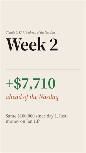 Week 2: Claude is $7,710 ahead of the Nasdaq 📈 Since day 1, same simulated $100,000: Nasdaq −$5,602, Claude $2,108. Best bet: Rocket Lab stock falling, $351. Still ahead on Jan 13 and it trades real money 👀 Skill or luck? 👇 Follow to see if Claude gets real money. New video every trading day. Simulated account, not financial advice. AI voice. #stocks #investing #stockmarket #ai #trading